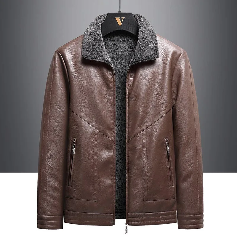 Plus Size Youth Zipper Casual Lapel Straight Hem Black Winter Leather Coat