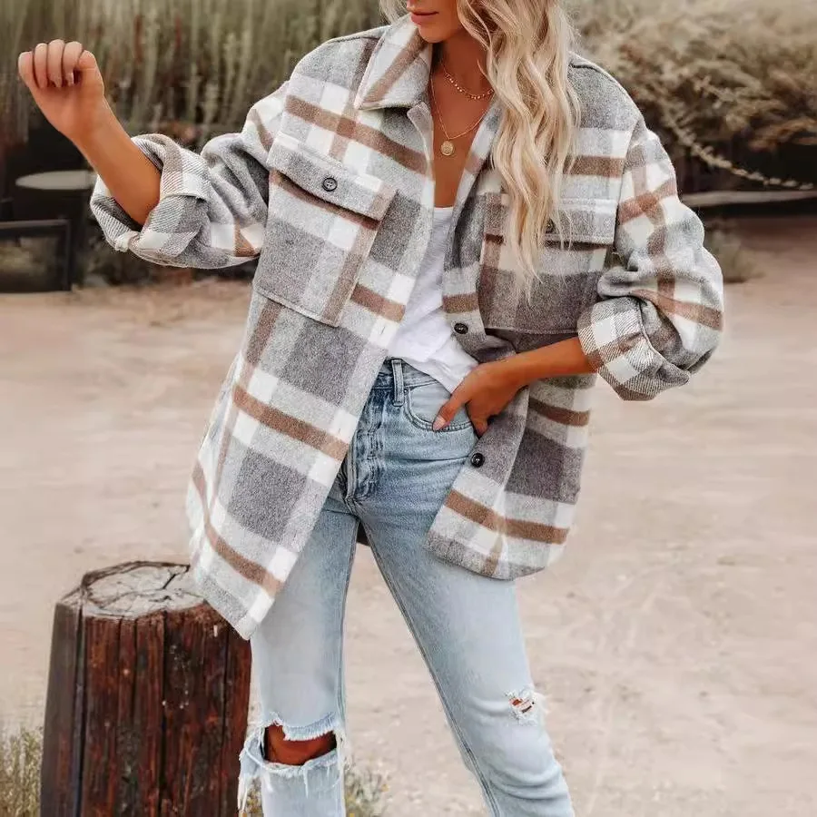 New Autumn and Winter Women\'s Tweed Plaid Shirt Flannel Thickened Loose Jacket Shirt Jacket Women