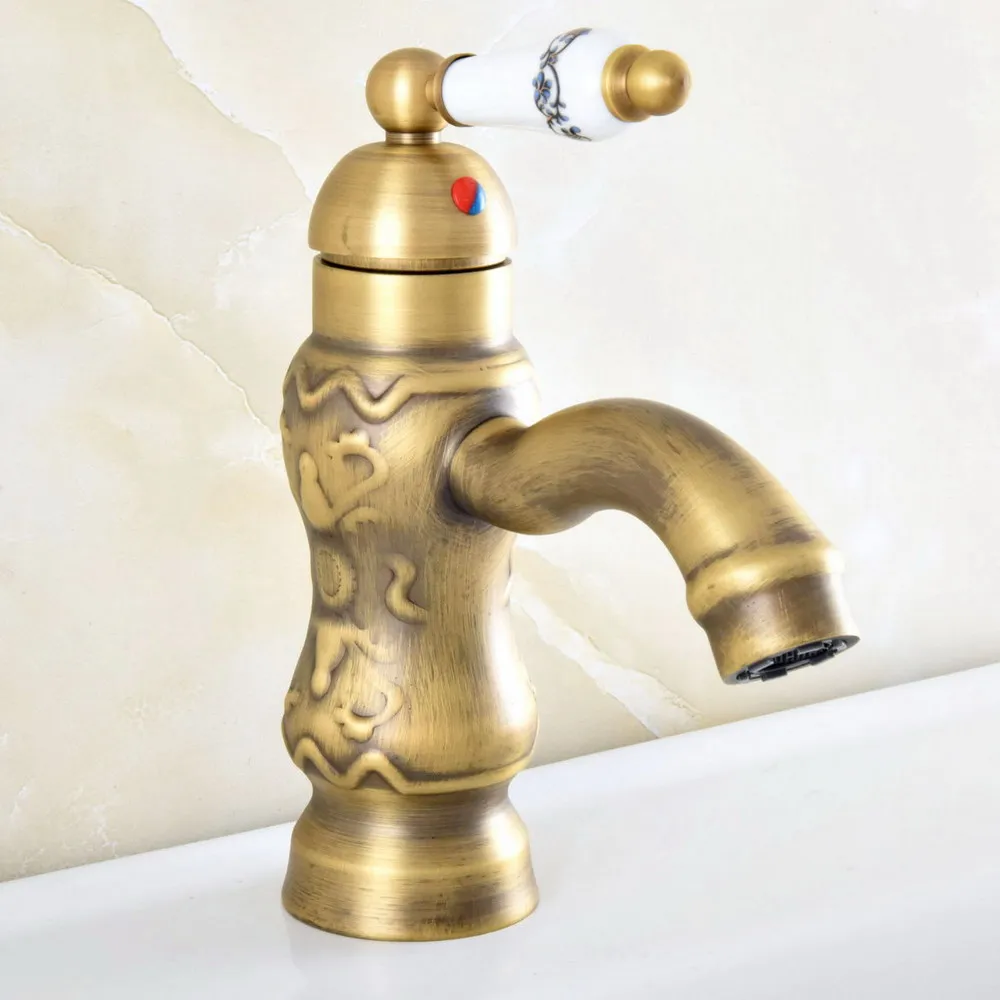 

Antique Brass Basin Faucet Bronze Hot And Cold Water Basin Mixer Sink Tap Deck Mounted Bathroom Taps Nsf819