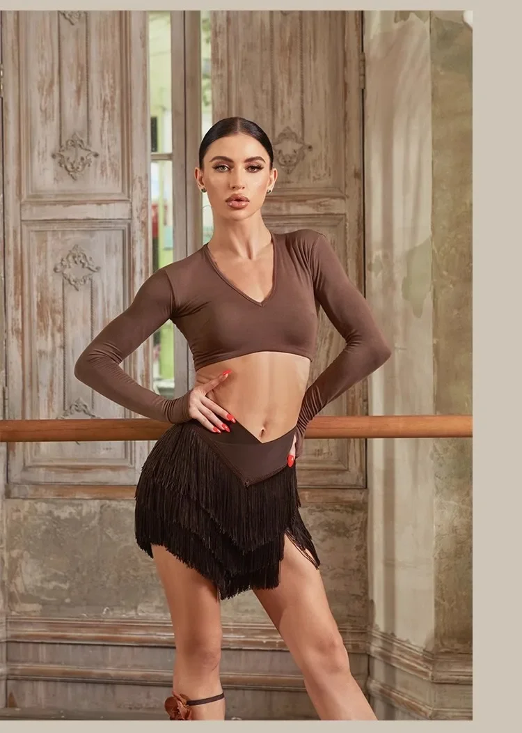 ZYM Latin Dance Top แขนยาว Mini Latin เต้นรําสวมใส่ V คอสีดําสีชมพูสีน้ําตาล ZYMdancestyle # 24066