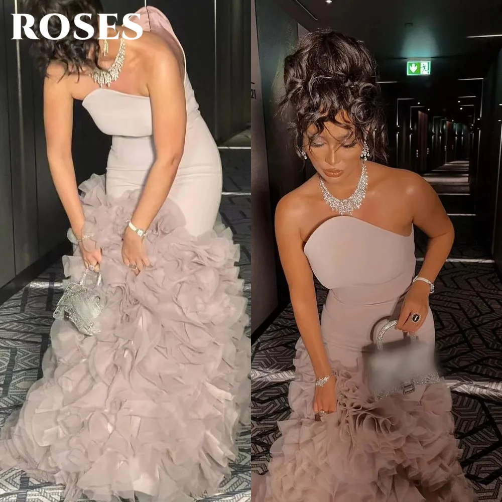 

ROSES Light Pink Evening Dress Strapless Satin Corset Evening Gown with Ruffled Tulle Mermaid Prom Dresses for Woman Customized