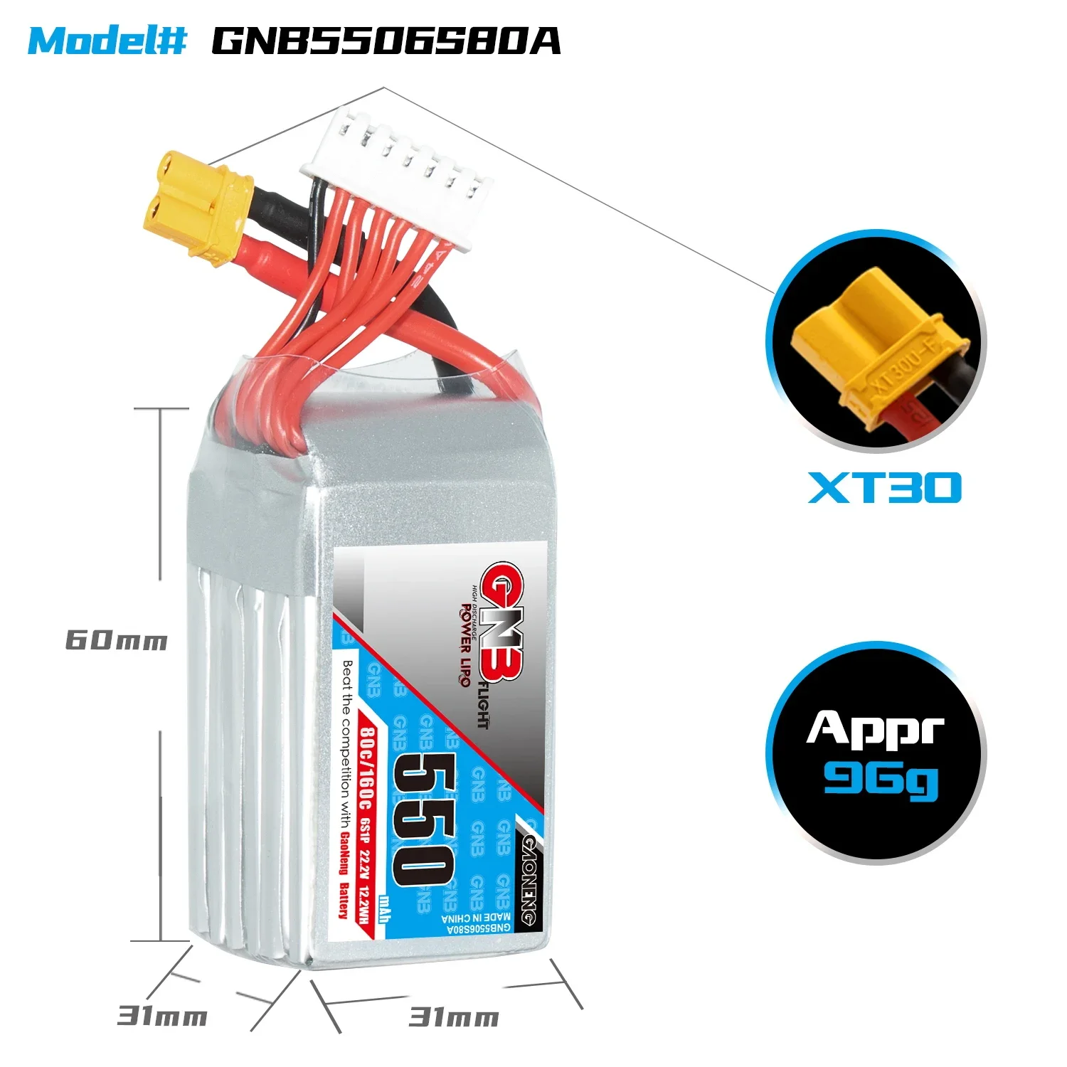 GAONENG GNB 550mAh 6S 80C 160C 22.2V XT30 LiPo Battery Square Type 3 inch Toothpick Drone Cine Whoop Cinelog Racing FPV