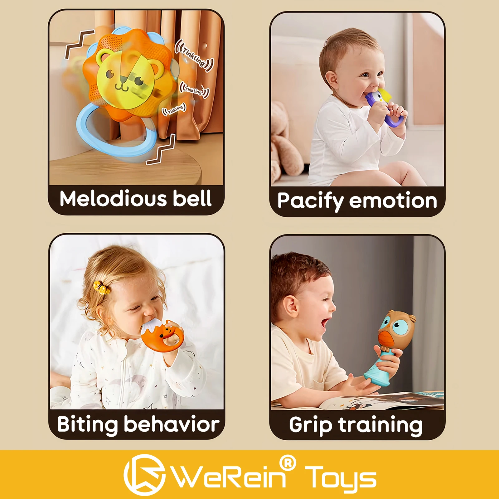 جرس يدوي للأطفال على شكل عالم حيوانات واقعي عالي الجودة، تصميم لطيف نابض بالحياة، لعبة حسية للرضع