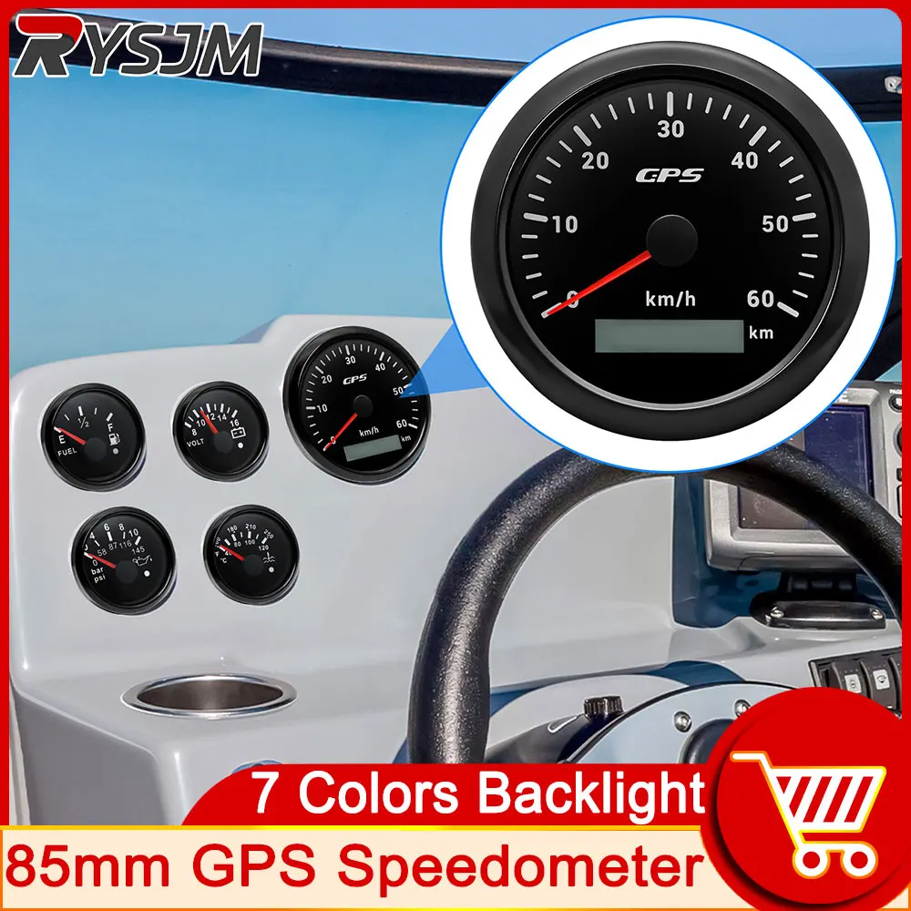 7 Color Backlight 60Km/h 85MM GPS Speedometer Gauge with GPS Antenna for Motorcycle Boat Car Truck Speed Gauge Meter 9-32V