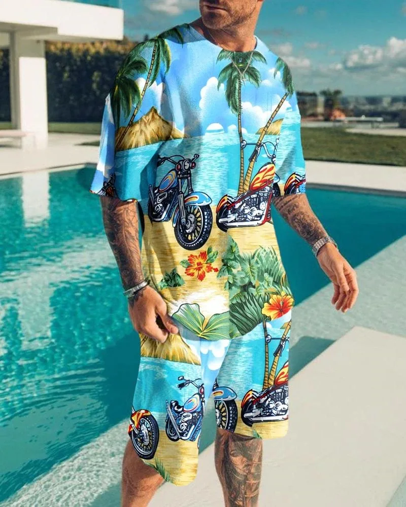 Casual 2-piece Oversized Tracksuit Suit Coconut Tree Hawaiian Fashion Tops Holiday Essentials Men Beach T-shirt Short Sleeve Set