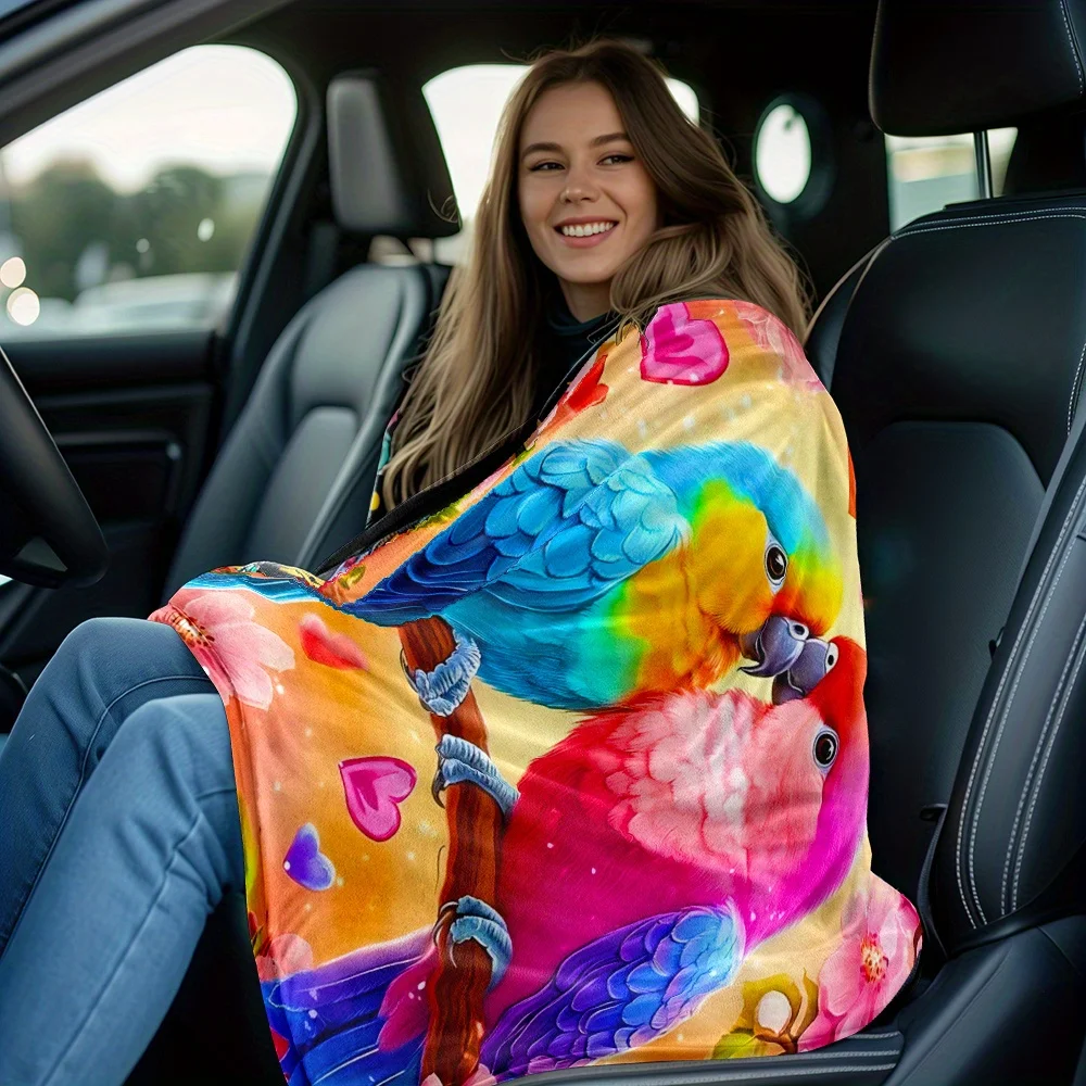 Colorful Love Parrots Floral Heart Pattern Flannel Blanket Soft Cozy Throw Home Decoration Romantic Gift for Couples Bird Lover