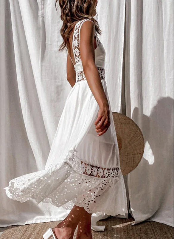 Women\'s Dress White Hollow Out Cotton Sundress Lace Sleeveless Long Splicing Summer Party Elegant Evening Woman Skirt Clothing