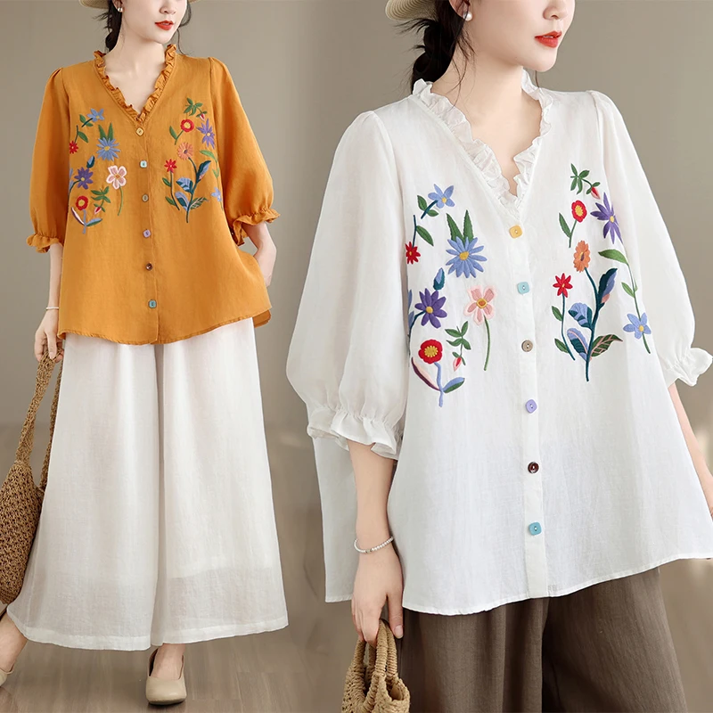 

New 2026 Chinese Style Shirt Women's Spring Summer Thin Breathable Cotton Linen Embroidery Flower Half Sleeve Loose Tops J100