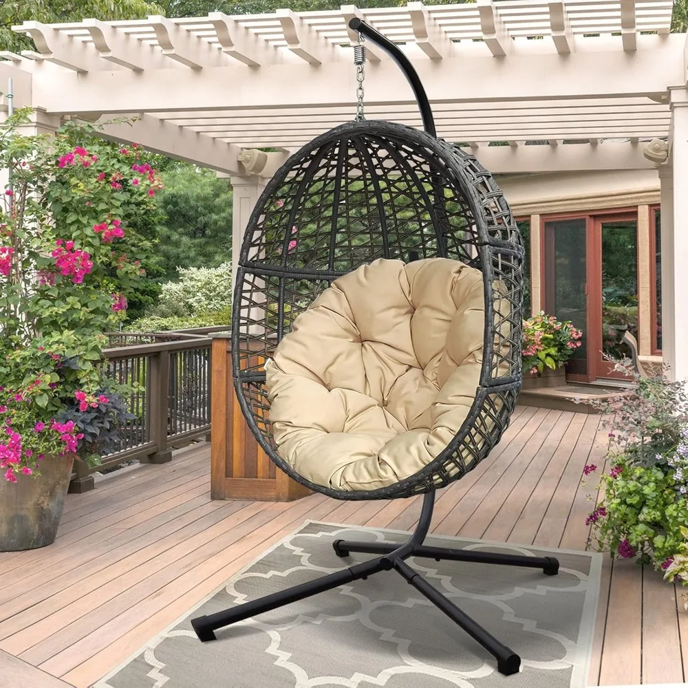 

Outdoor Hanging Swing Egg Chair with Stand, Wicker Porch Swing for Outdoor Patio Balcony Garden, All-Weather Egg-Hammock Swing C