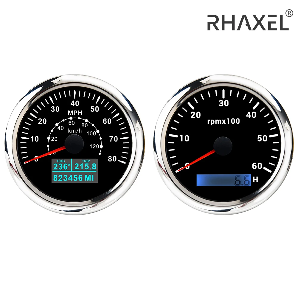 

RHAXEL Gauge Kit 3 3/8'' GPS Speedometer 120MPH Odomeetr Tachometer 7000RPM for Car Tractor RV with 7 Colors Backlights 12V 24V