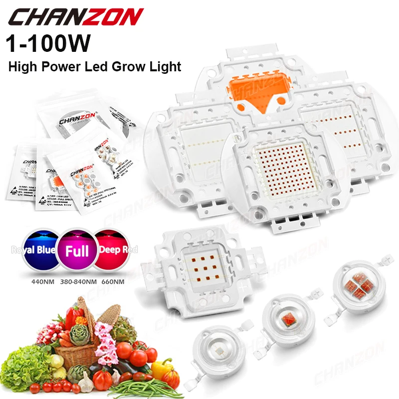 Hochleistungs-Pflanzen-LED-Wachstumslicht, 440 Nm, 660 Nm, tiefrot, Königsblau, Vollspektrum, 1 W, 3 W, 5 W, 10 W, 20 W, 30 W, 50 W, 100 W, LED-Chip-Lampe – Detail 2