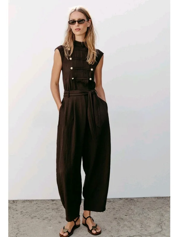 

Summer Women's Commute Style Sleeveless Stand Collar Rope Knot Waist Belt Wide Leg Jumpsuit High Waist Long Pants Polyester F...