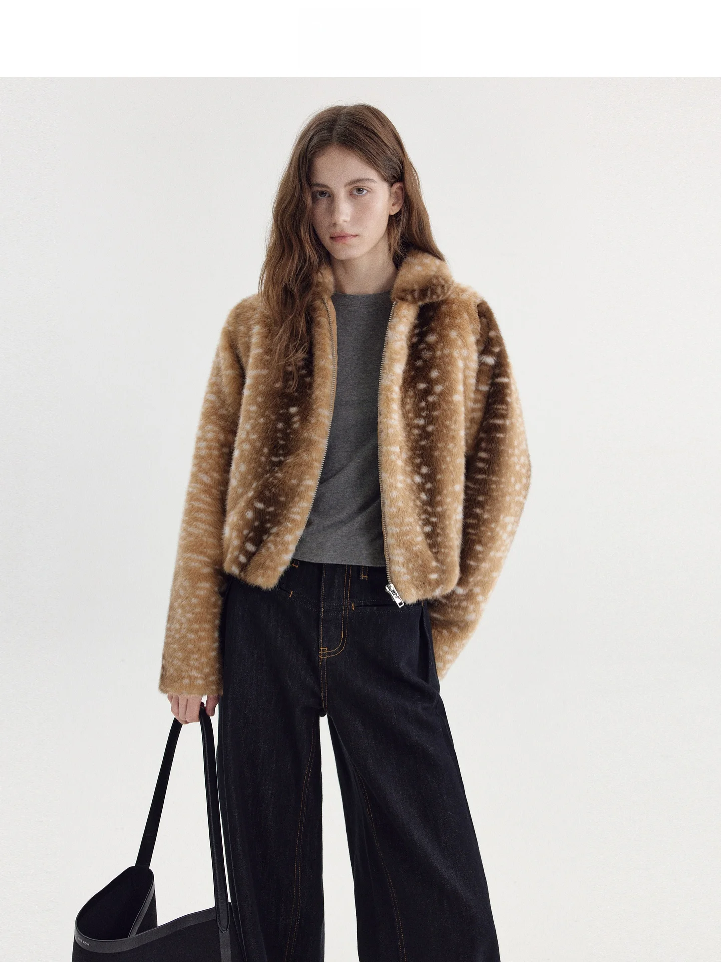 Fano Winter Aosphere Caramel Brown "Deer Spot Pattern Diamond Quilted Eco-friendly Fur Coat Casual Loose Fit Long Sve Z...