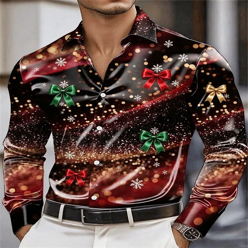 Merry Christmas Men Shirt Colorful Bow Snowflake Glitter Bokeh Print Long Sleeve Lapel Button Down Holiday Party Dress Shirt