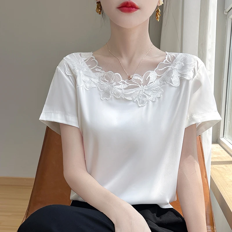 

Summer New Lace Embroidered Short Sleeve Shirt Women's Acetic Satin T-shirt Loose Plus Size Women's T-shirt