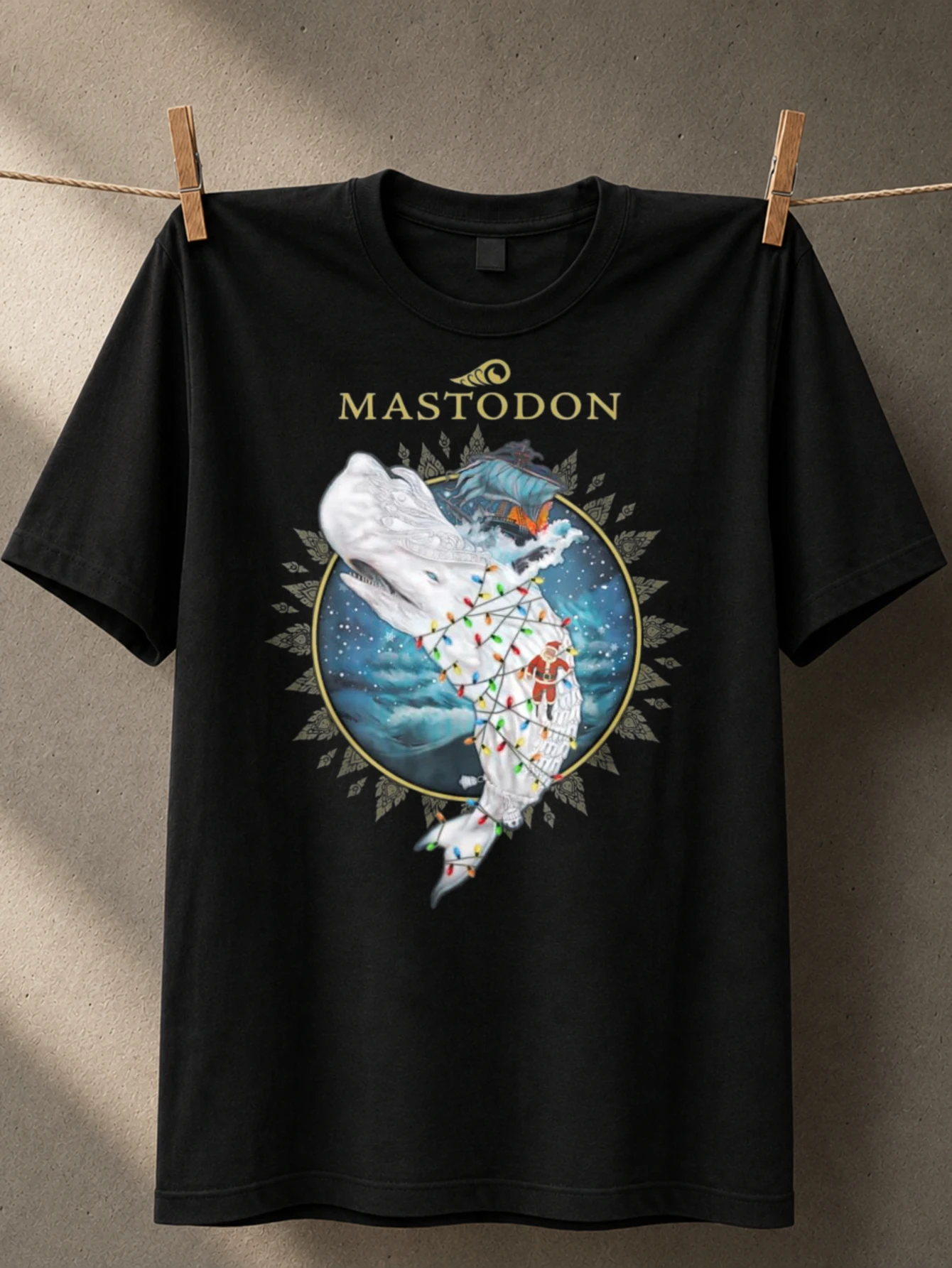 Зимняя футболка MASTODON с изображением кита и Санты, с подсветкой корабля и круглым снежным шаром, праздничный дизайн, унисекс.