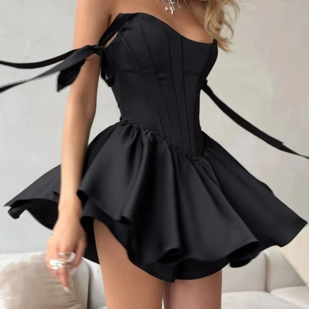 Summer Fashion Women Sexy Camisole Mini Dress Solid Camis Tie up Short Dresses Silm Fishbone Shirt Coquette Casual Y2k Clothes