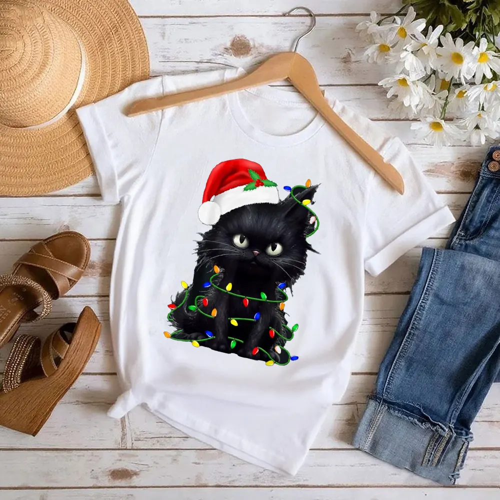 Schwarze Katze Santa Weihnachten Familie Weihnachten T-Shirt Unisex Frauen Männer T Shirt Bequeme Persönlichkeit Tops Hochwertige Baumwolle Tops