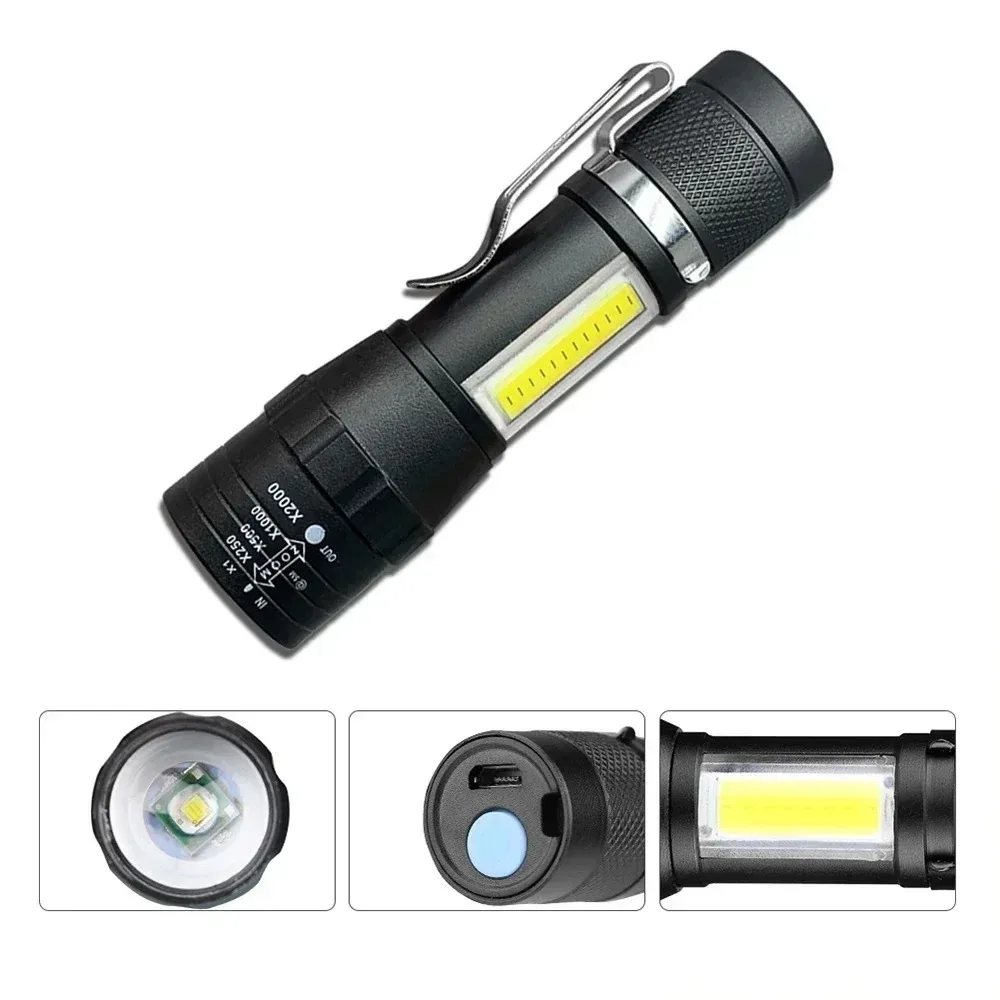 USB Rechargeable Mini Flashlight COB+XPE Portable Built-in Battery Zoomable Small Torch 3 Mode Camping Emergency Flashlights image 3