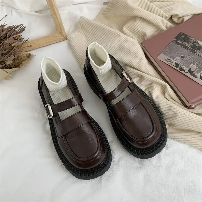 Brown Luxury Leather Casual Round Toe Ladies Footwear Japanese Style Lolita Gothic Women\'s Shoes Platform Buckle Mary Jane 39 E