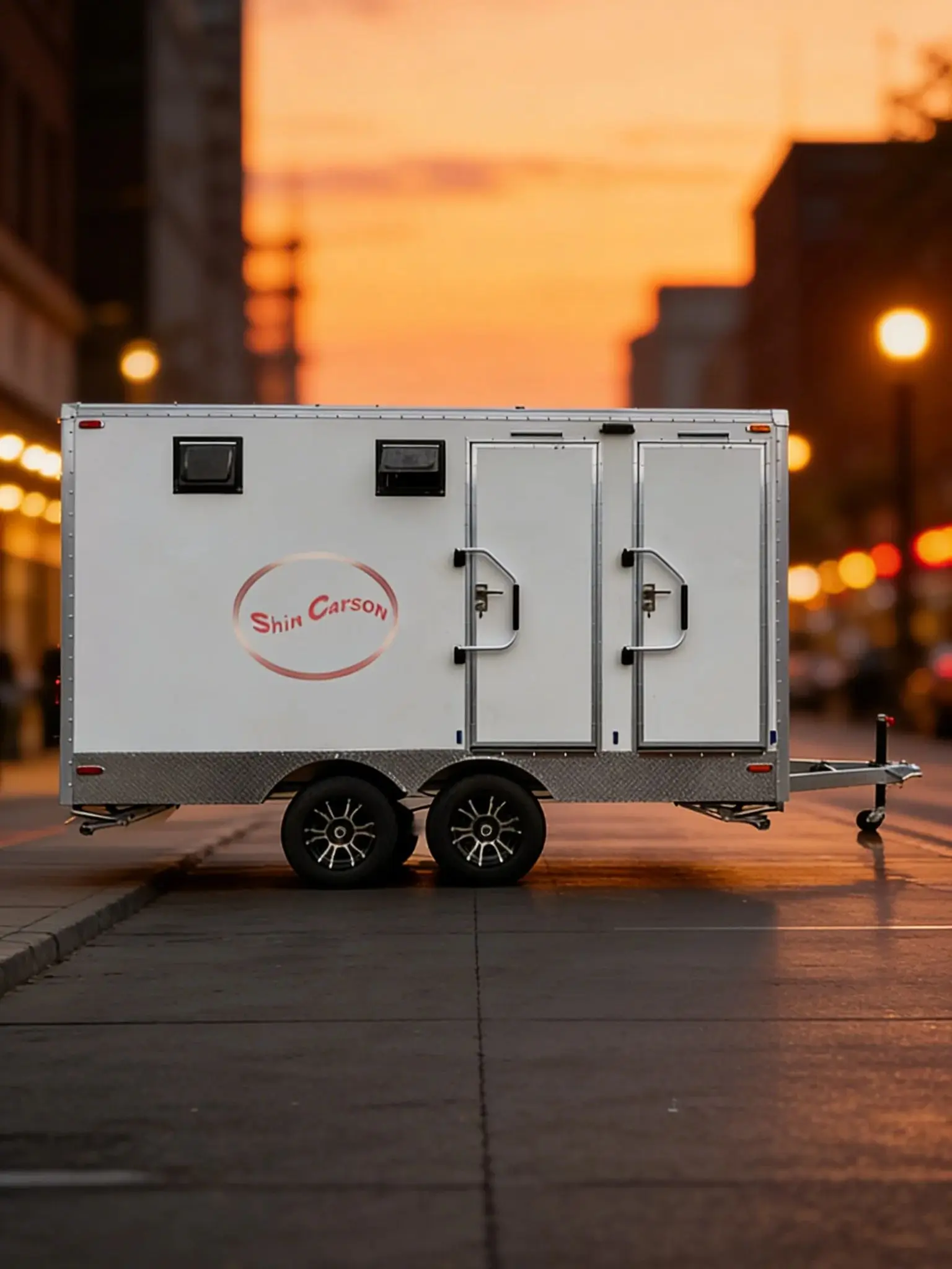 Outdoor Mobile Toilet Main Body Primarily White with Four Separate Restrooms And Foldable Steps