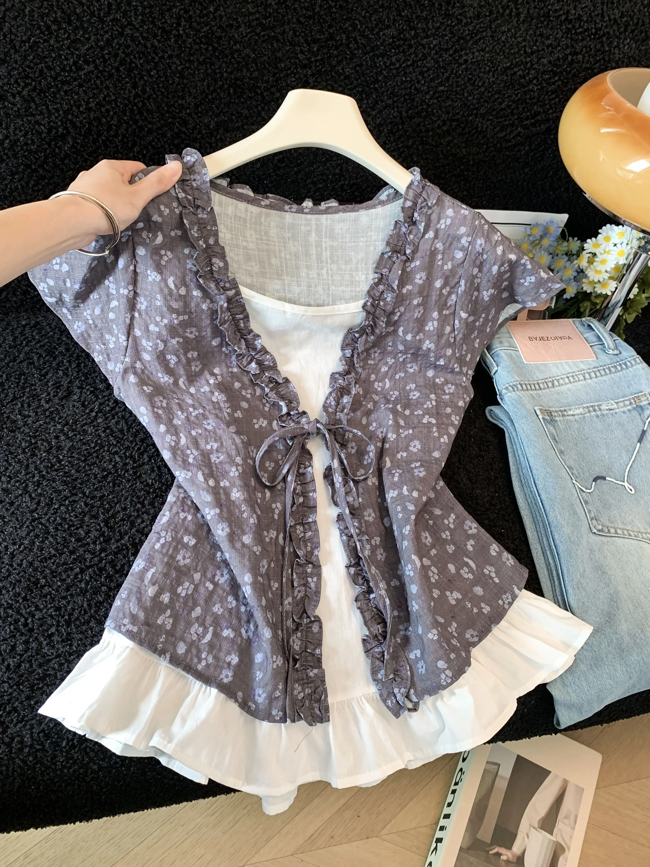 

Unique Beautiful Purple Floral V-Neck Short Sleeve T-Shirt Women's Summer New Style Spicy Girl Distinctive Fake Two-Piece Bel...