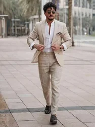 Casual Beige Linen Men Suits Single Breasted Slim Fit Notch Lapel Blazer with Pants High Quality 2 Piece Wedding Costume Homme f