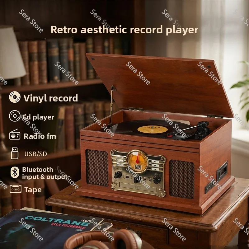 Vintage Vinyl Record Player Dual Bluetooth Audio CD Tape Radio Home Multifunction Vintage Gramophone LP