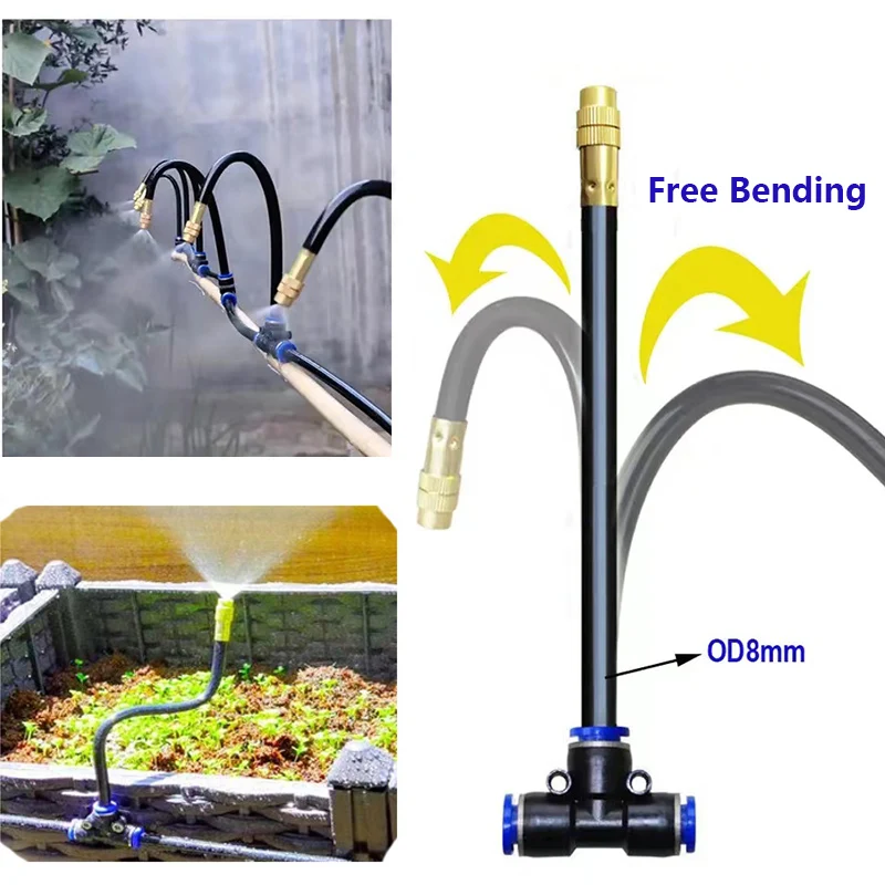 Boquilla de niebla de cobre amarillo de flexión libre, rociador de humidificación de riego de jardín, junta de bloqueo de empuje recto, 8mm,