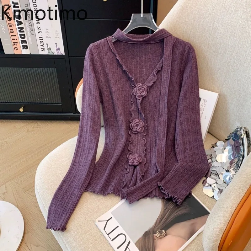 Kimotimo Flowers V Neck Knitted Tops Women French Temperament Chic Fungus Halter Ribbon Sweater Sweet Slim Long Sleeve Pullover