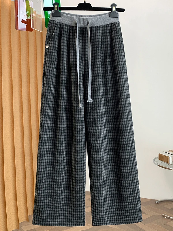 Trendy Plaid Wide Leg Pants Women's Autumn Winter Color Block High Waist Belted Casual Pants Smooth Slimming Straight Leg Pants