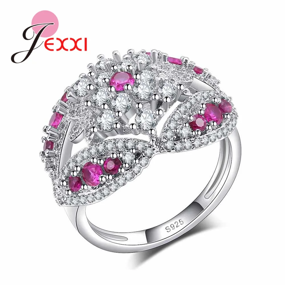 Dazzling Cubic Zircon Ring Fuchsia/White Option 925 Sterling Silver Wholesale Jewelry for Women Female Wedding Party