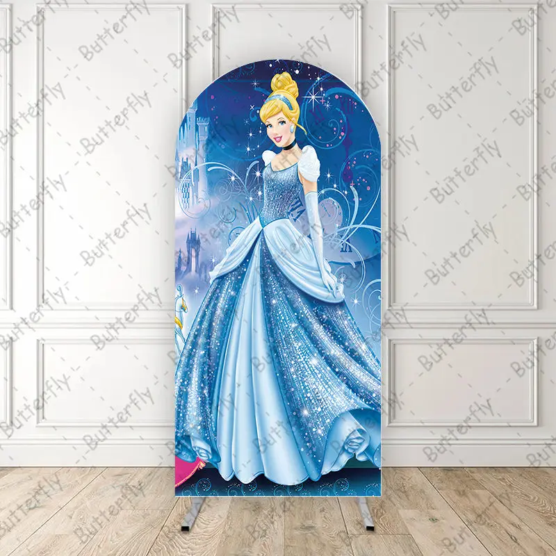 

White Horse Castle Cinderella Princess Blue Dress Disney Cartoon Arch Backdrop Cover Girls Birthday Party Background Decoration