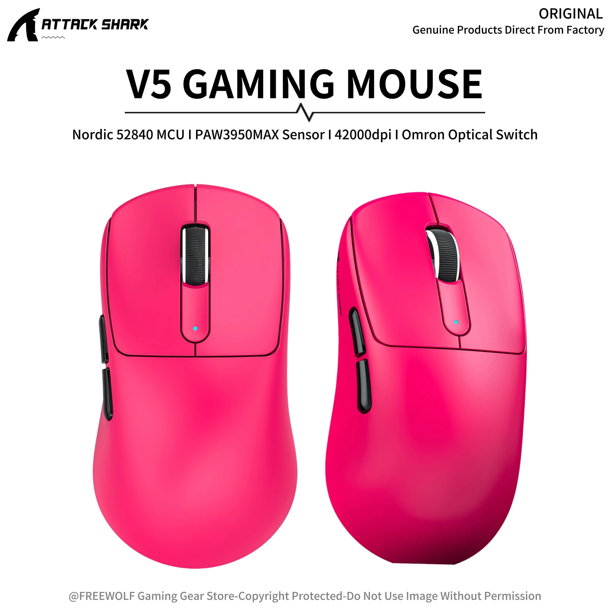 

Беспроводная мышь 8K Hz V5 Attack Shark 42000 DPI, Bluetooth и беспроводное подключение, Nordic 52840 MCU, PAW3950MAX, покрытие Ice-Sensory