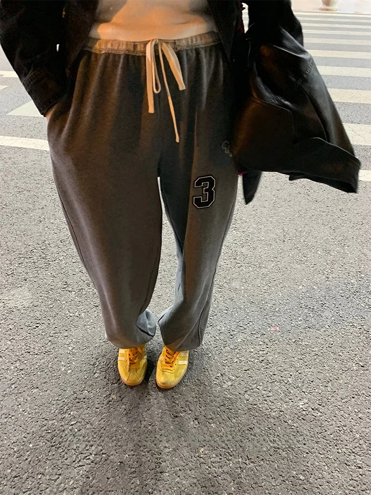 Spodnie codzienne dla kobiet, luźny krój, sportowy styl, wysoki stan, proste nogawki, dzianinowe spodnie bawełniane na jesień 2023