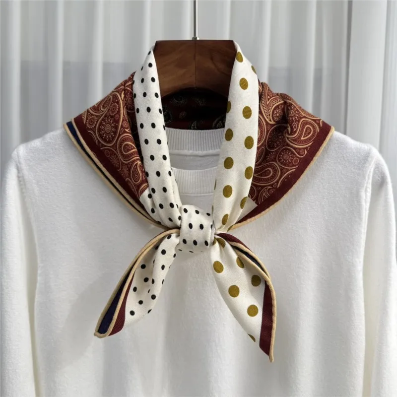 30% Silk 70% Wool  Small Square Scarf Women Real Silk Wool Paisley Polka Houndstooth Floral Print Hand Rolled Edge Winter Warm