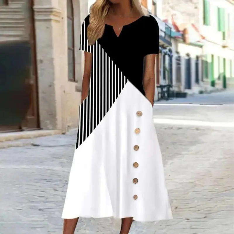 

Women's V-Neck Short Sleeve Graphic Striped Midi Dress