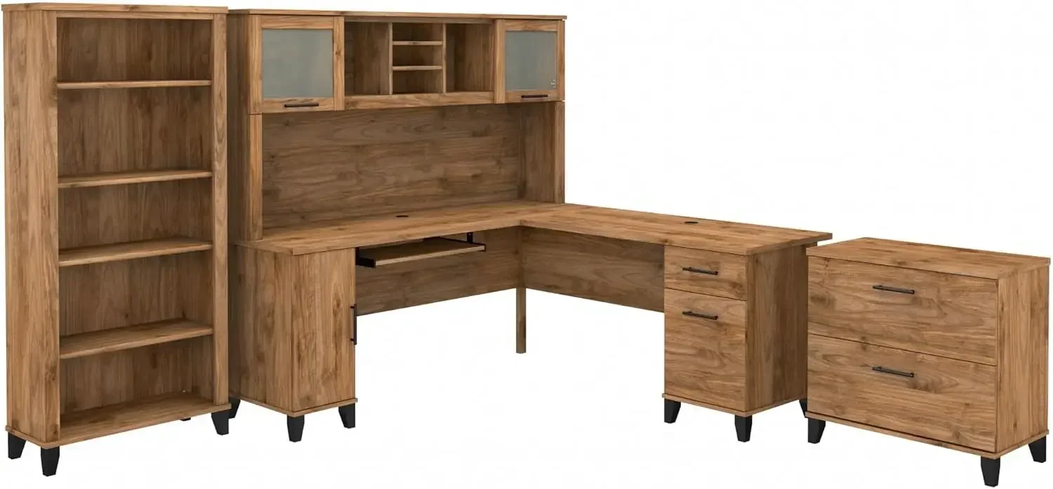 72W L Shaped Desk with Hutch, Lateral File Cabinet and Bookcase in Fresh Walnut | Computer Table for Home Office