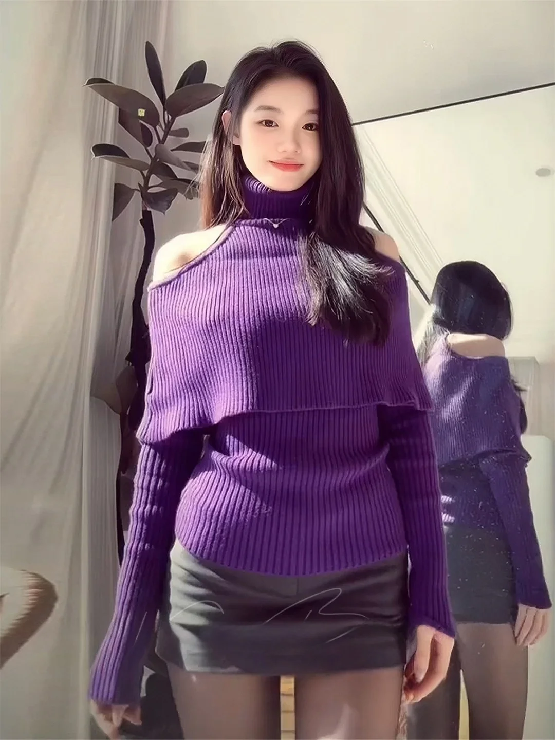 

Purple Rose High Collar oulder Bared Sweater Women's Autumn Winter Long Sve Knitted Pure Desirable Romantic Flavor Two P...
