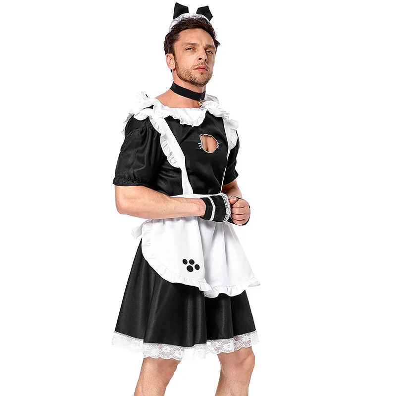 Men\'s Short Sleeve Satin French Maid Uniform Crossdressing Sissy Lingerie Fancy Dress Japanese Anime Cat Maid Outfits for Men