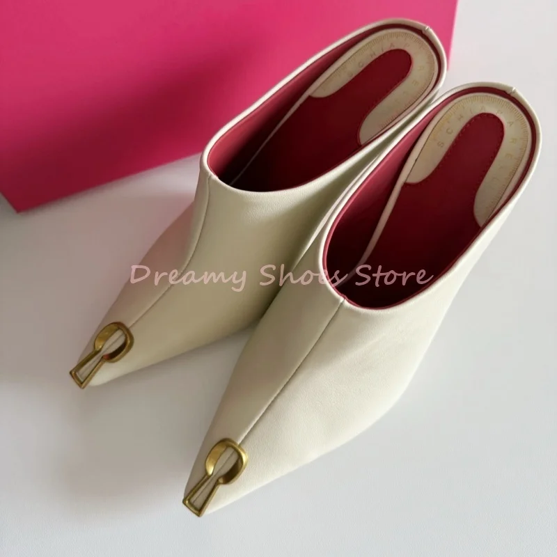 

Gold Keychain Leather Pointed Toe Slippers Women Black Metal Decor Slingback Stiletto Slippers Sexy Fashion Party Catwalk Shoes