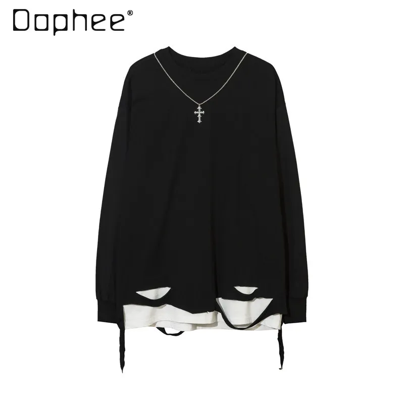 Spring Autumn Dark Style Fake Two-Piece Design White Round Neck Long Sleeve T-Shirt for Men Simple Loose Casual Black Top