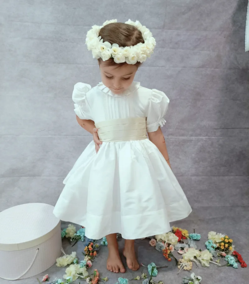 

New White A-Line Holy First Communion Dress for Girls Satin Royal Wedding Flower Girl Dress with Ribbon Bow