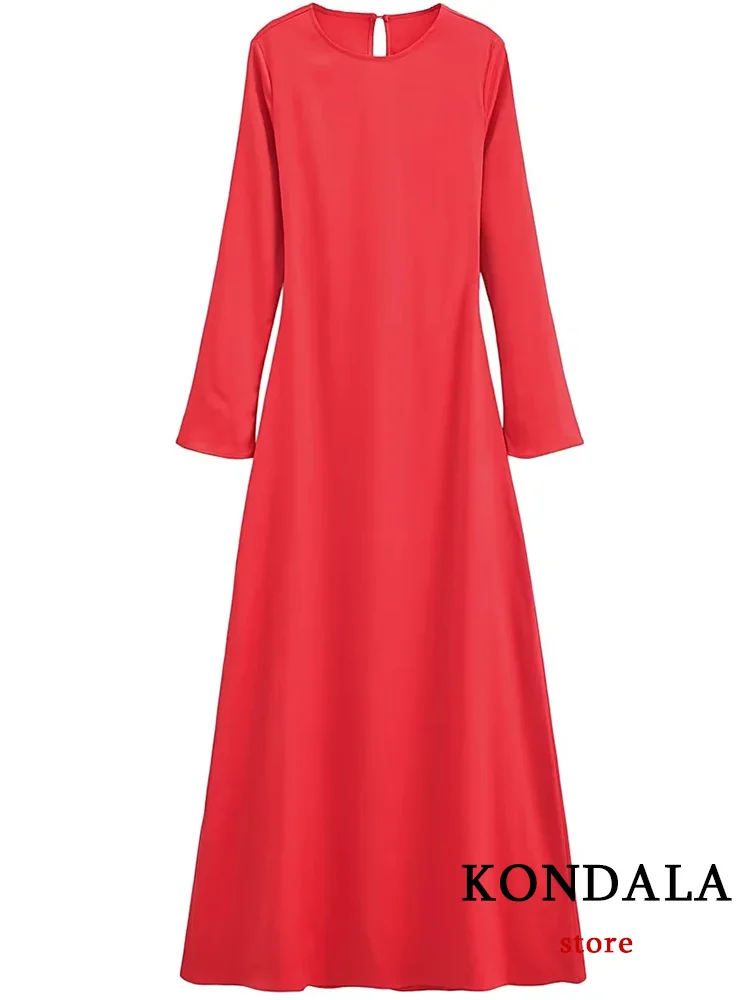 KONDALA Vintage Chic Red Women Dress Solid Long Sleeve Zipper O-Neck Backless Dress Fashion 2024 Evening Club Slim Vestidos