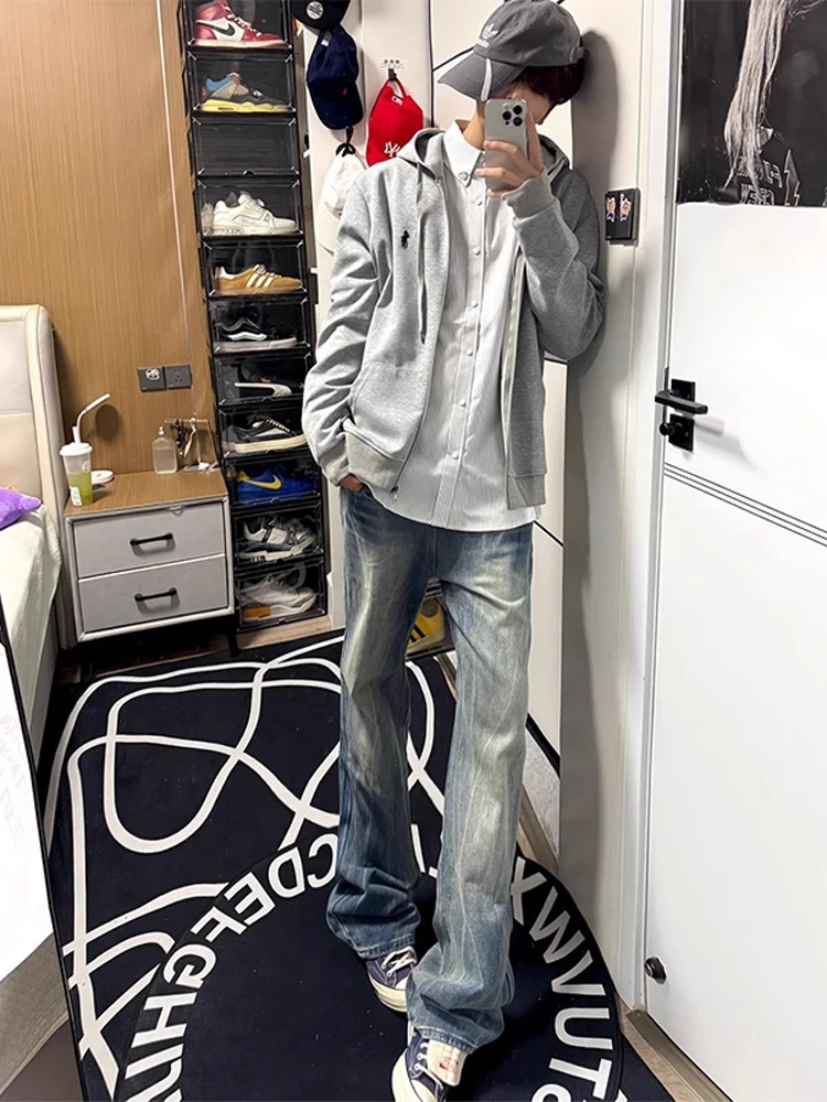 

Blue Lightning Pattern Flared Jeans Men's American High Street Waed Straight Cut Trousers Cleanfit Knife Pants