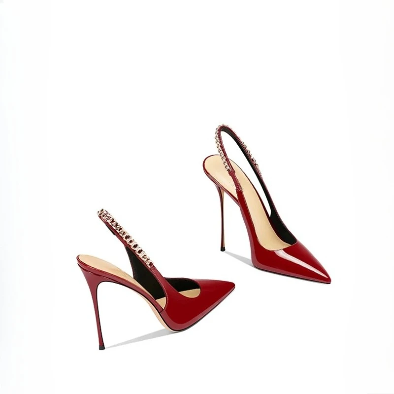 New pointed wine red patent leather sexy temperament for socialites, paired with skirts, slim heels, high heels, women's shoes