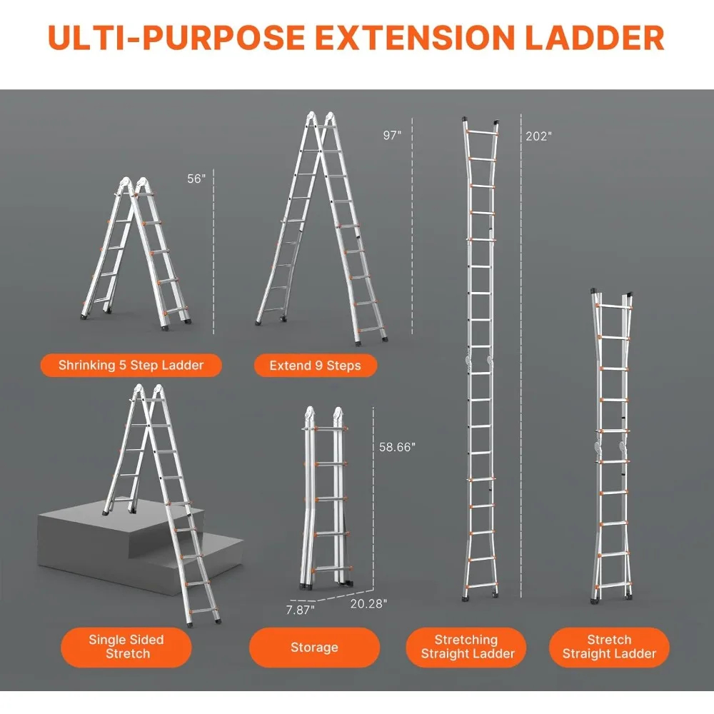 Échelle d'extension en aluminium de 17 pieds, conception de cadre en A télescopique, compacte et portable pour une utilisation en camping-car, échelle pliable multifonction