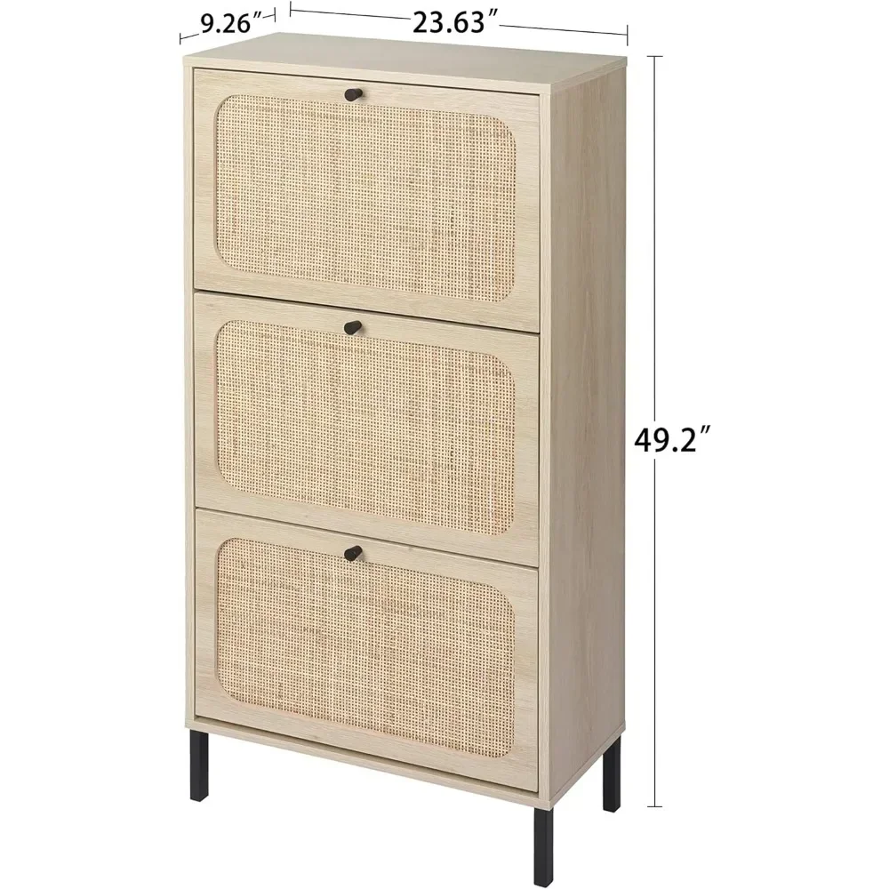 Natural Rattan Cabinet with 3 Flip Drawers, Free Standing Modern 3-Tier Shoe Storage Rack for Heels, Slippers