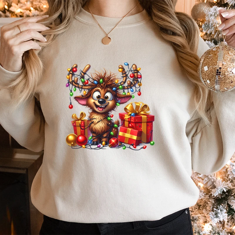 Cute Elk Deer Lamp String Christmas Tracksuit Women Fashion Creative Graphic Hoodie Long Sleeve Casual Women Xmas Sweatshirts