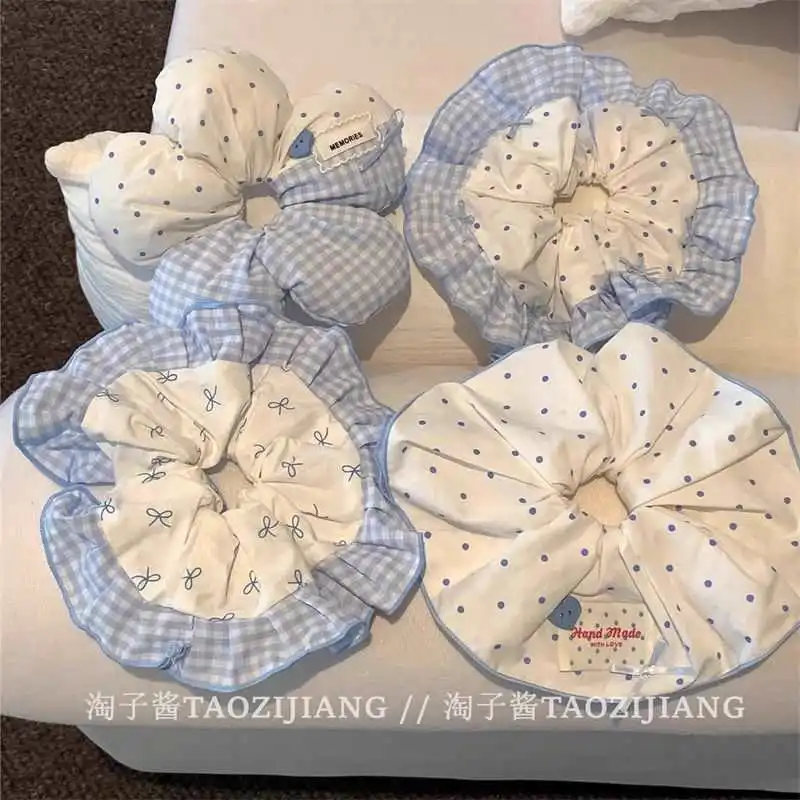 Blue Tone Korean Polka Dot Bow Lace Extra Large Elastic Scrunchy Set for Women Lazy Style Hair Accessory Premium Portable
